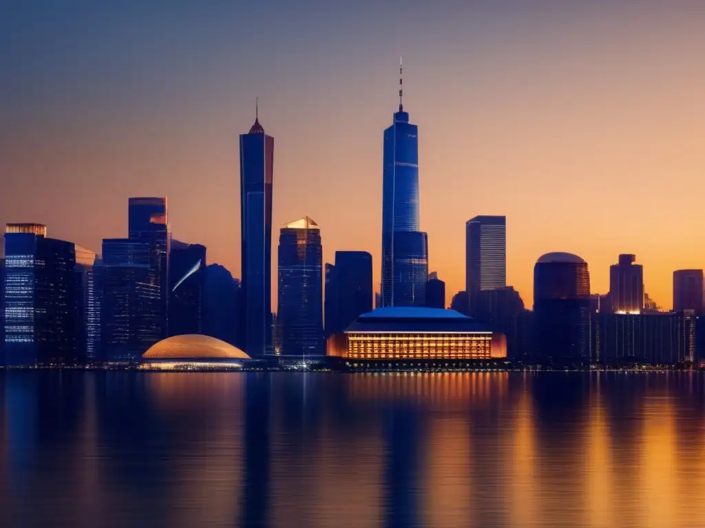 Una panorámica detallada de un horizonte urbano moderno al anochecer, con rascacielos iluminados por una cálida luz dorada