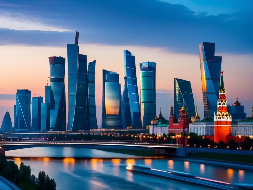 Panorámica detallada de la moderna y dinámica área financiera de Moscú al anochecer