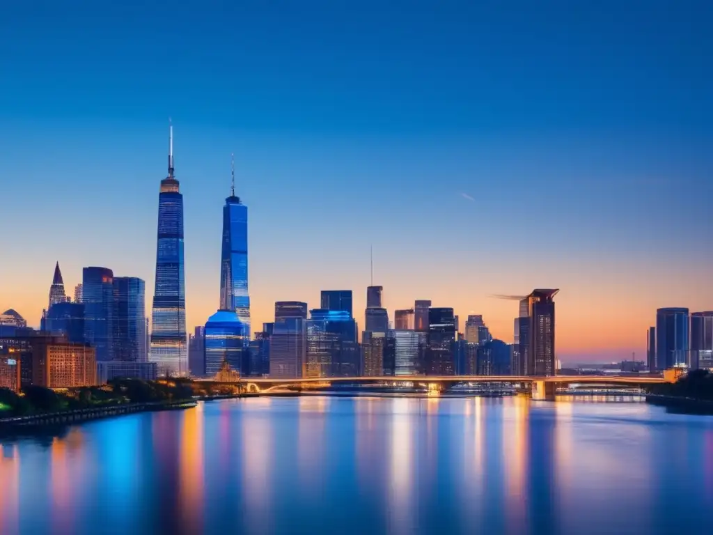 Una panorámica futurista de la ciudad al anochecer, reflejada en el río, con la palabra clave 'Macroeconomía Clásica Olivier Blanchard'