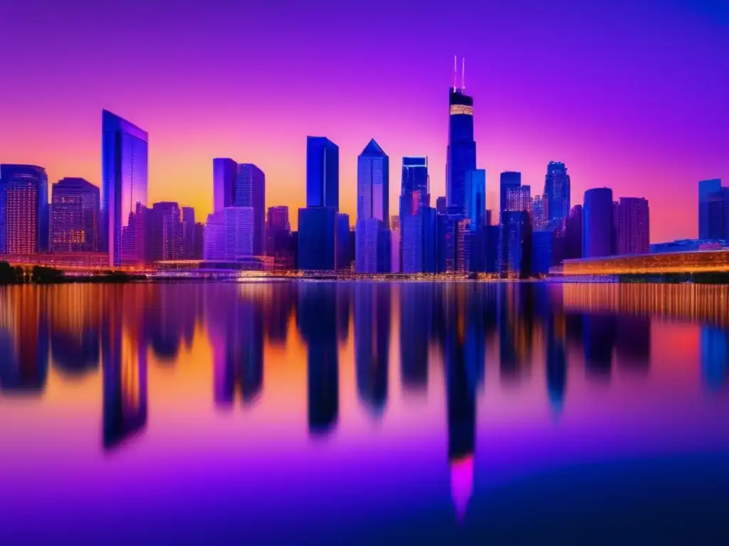 Una panorámica de la moderna línea del horizonte de la ciudad al anochecer, con imponentes rascacielos iluminados por luces cálidas