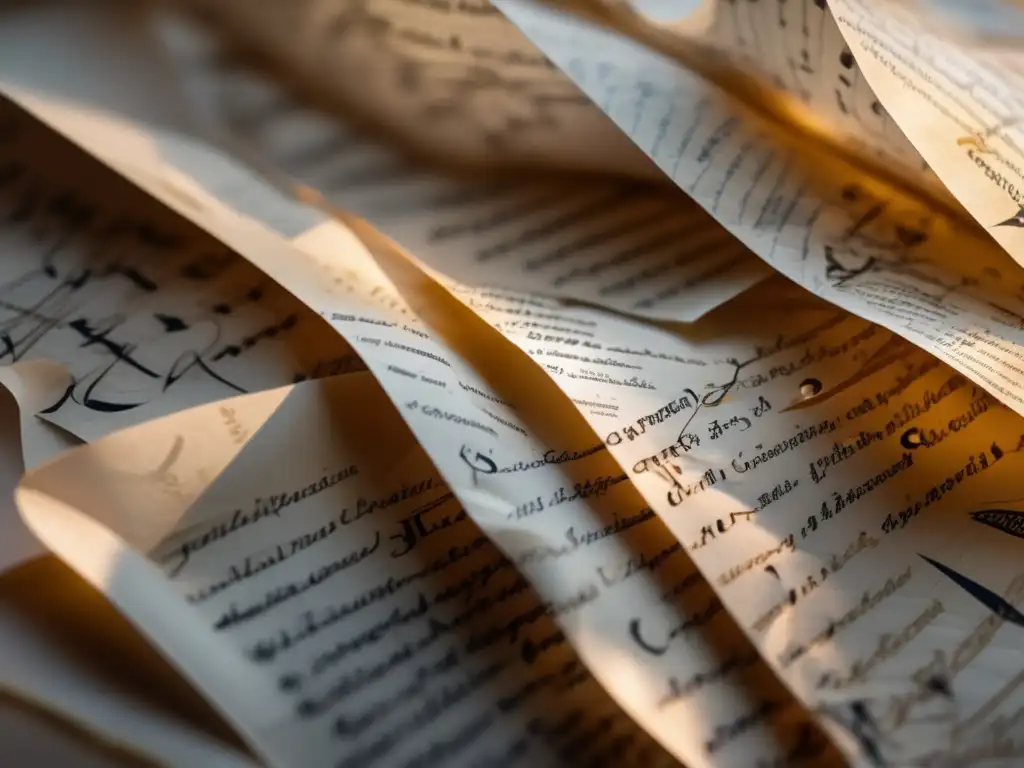 Un papel arrugado con notas manuscritas en varios idiomas, iluminado por una cálida luz, simboliza la filosofía de Jacques Derrida sobre la desconstrucción