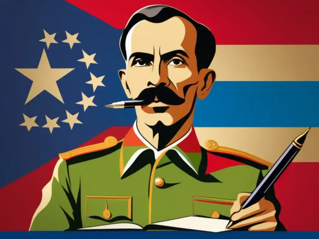 José Martí con papel y bandera cubana, símbolos de su papel en la independencia cubana, muestra determinación y pasión revolucionaria
