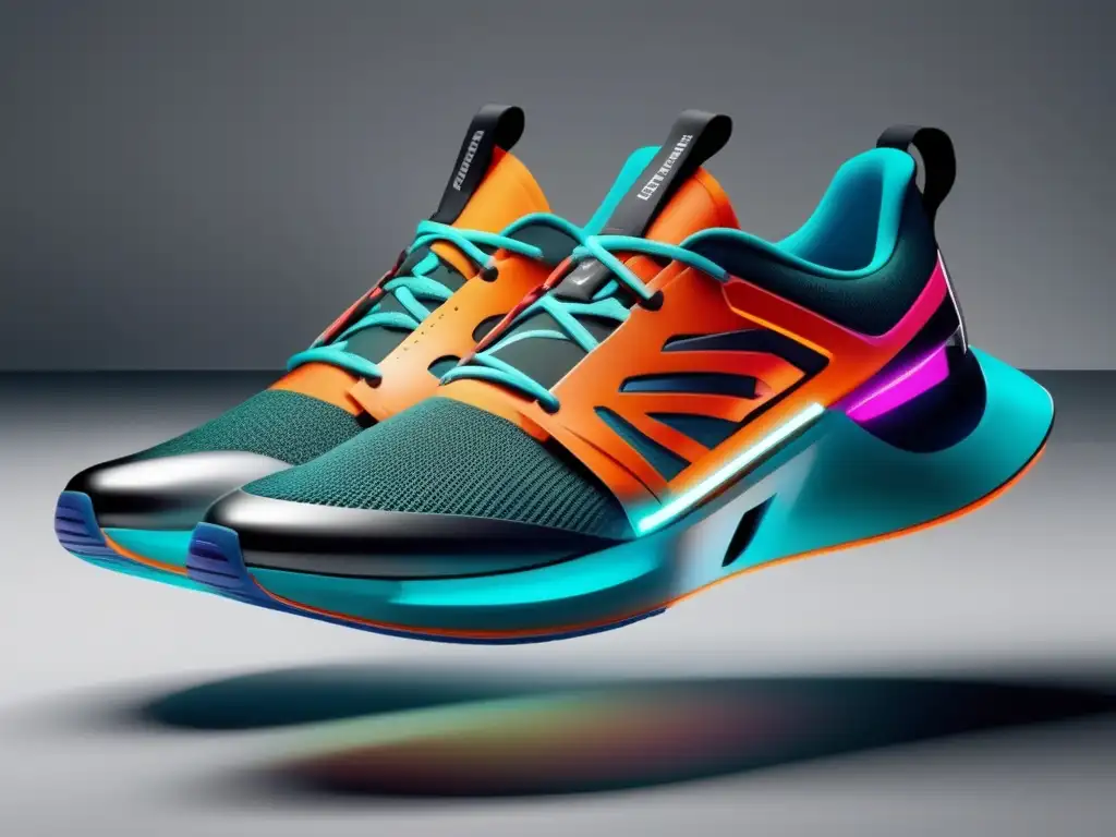 Un par de zapatillas deportivas modernas con diseños intrincados y futuristas, resaltando líneas elegantes y vibrantes toques de color