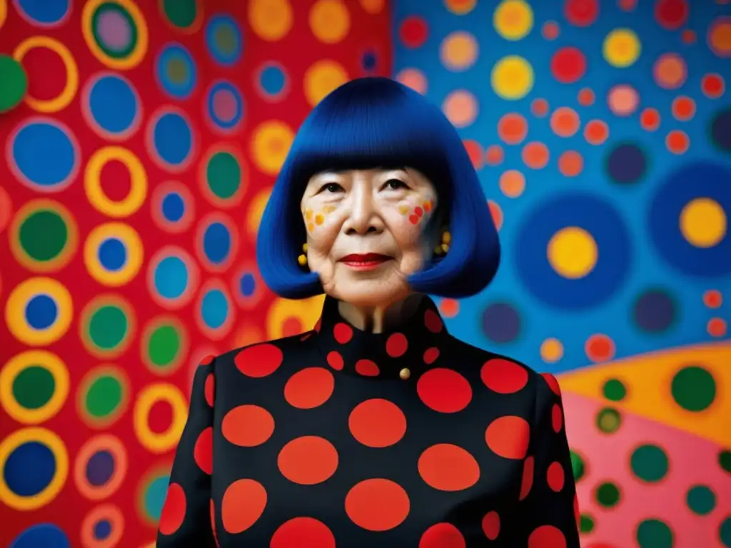 Una fotografía de alta resolución de Yayoi Kusama parada frente a una de sus icónicas obras de lunares, rodeada de colores vibrantes y patrones intrincados