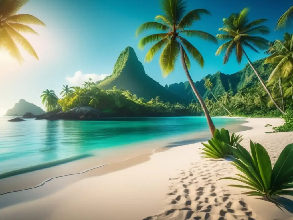 Un paraíso tropical exuberante y deslumbrante con aguas cristalinas, playas de arena blanca, palmeras imponentes y aves tropicales