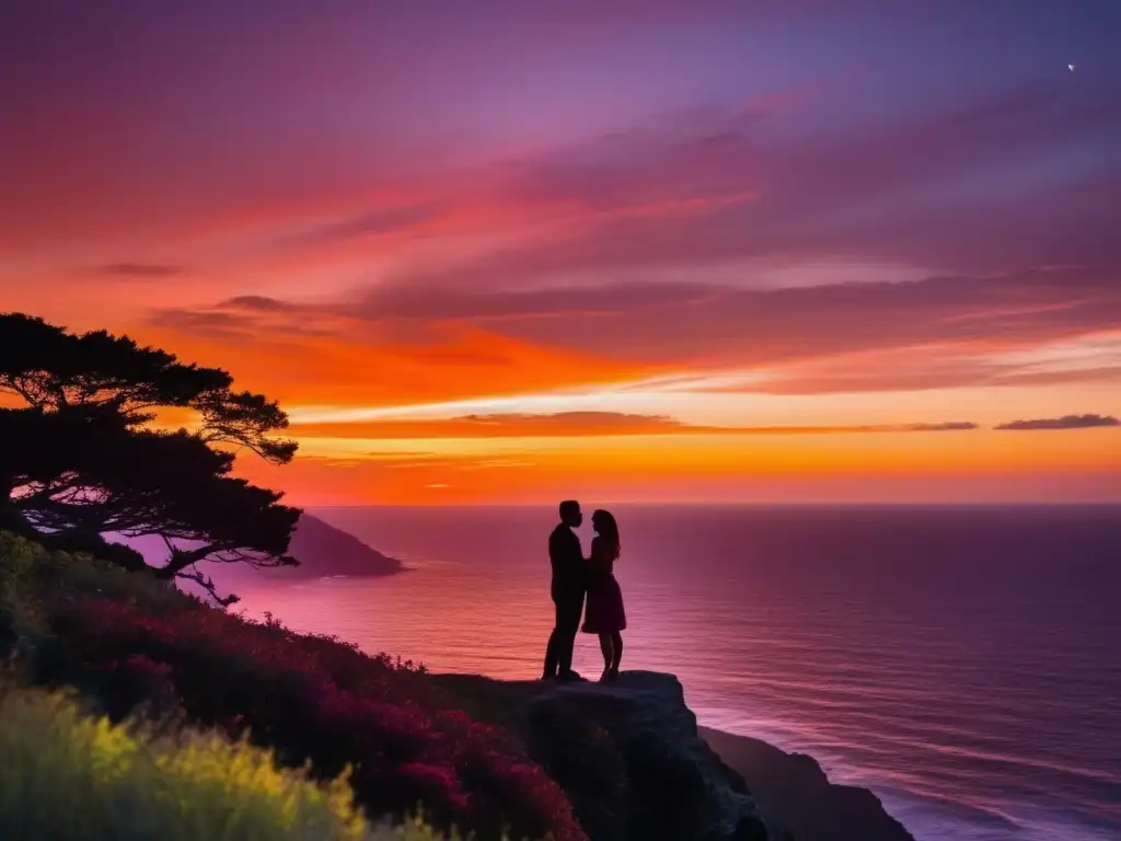 Una pareja abrazada en un acantilado contemplando un atardecer impresionante, con el reflejo de colores vibrantes en el mar