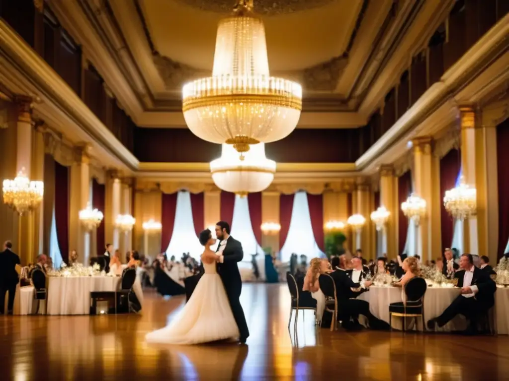 Parejas elegantemente vestidas bailan el Vals vienés de Johann Strauss II en un suntuoso salón de baile