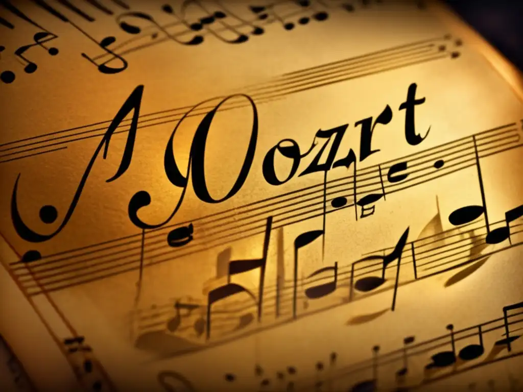 Una partitura vintage con notas musicales en la caligrafía de Mozart, iluminada por un cálido foco, sobre un fondo oscuro texturizado