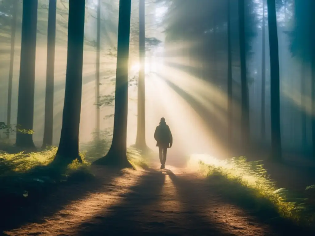 Un paseo solitario por el bosque, con luz brillante y sombras largas