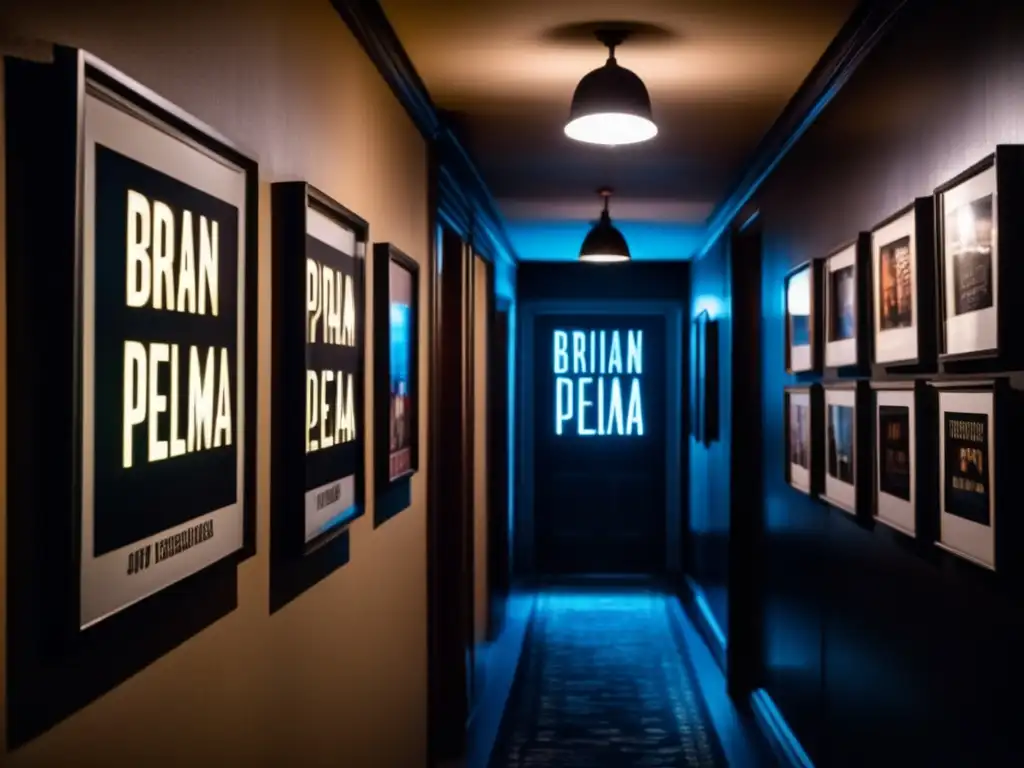 Un pasillo oscuro con posters de películas de Brian De Palma proyecta una atmósfera de suspenso