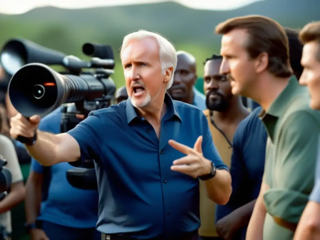 James Cameron dirige con pasión a un diverso elenco y equipo en un set de filmación, rodeado de tecnología avanzada