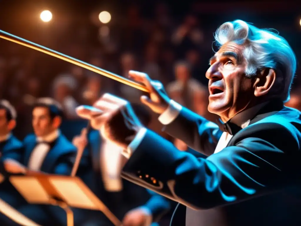 Leonard Bernstein dirige con pasión a la orquesta en una actuación musical intensa, capturando el activismo de Leonard Bernstein música