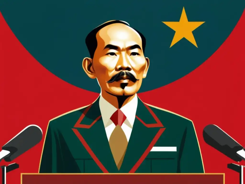 Ho Chi Minh líder revolucionario Vietnam, habla con pasión desde un pódium, mostrando determinación y liderazgo, con la bandera de Vietnam de fondo