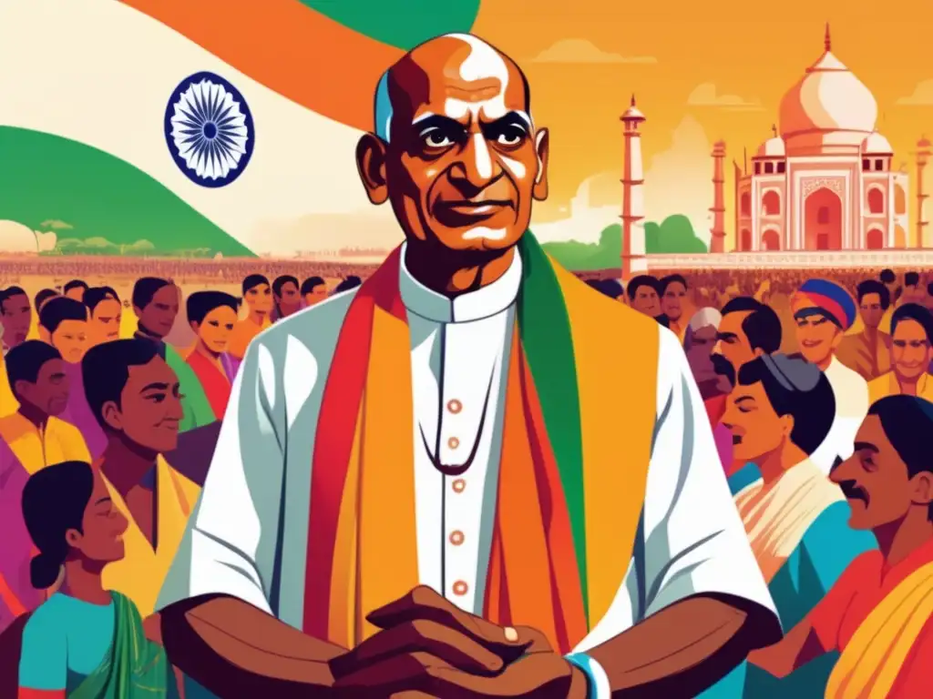 Sardar Patel muestra su estrategia política y visión en esta ilustración moderna de India, con colores vibrantes y gente diversa unida