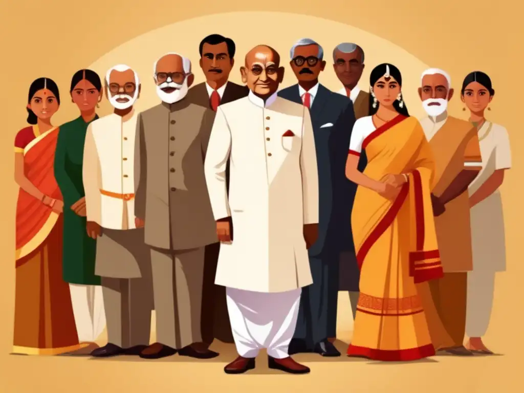 Vallabhbhai Patel, líder determinado, viste atuendo tradicional, rodeado de diversidad, simbolizando la integración de principados en India