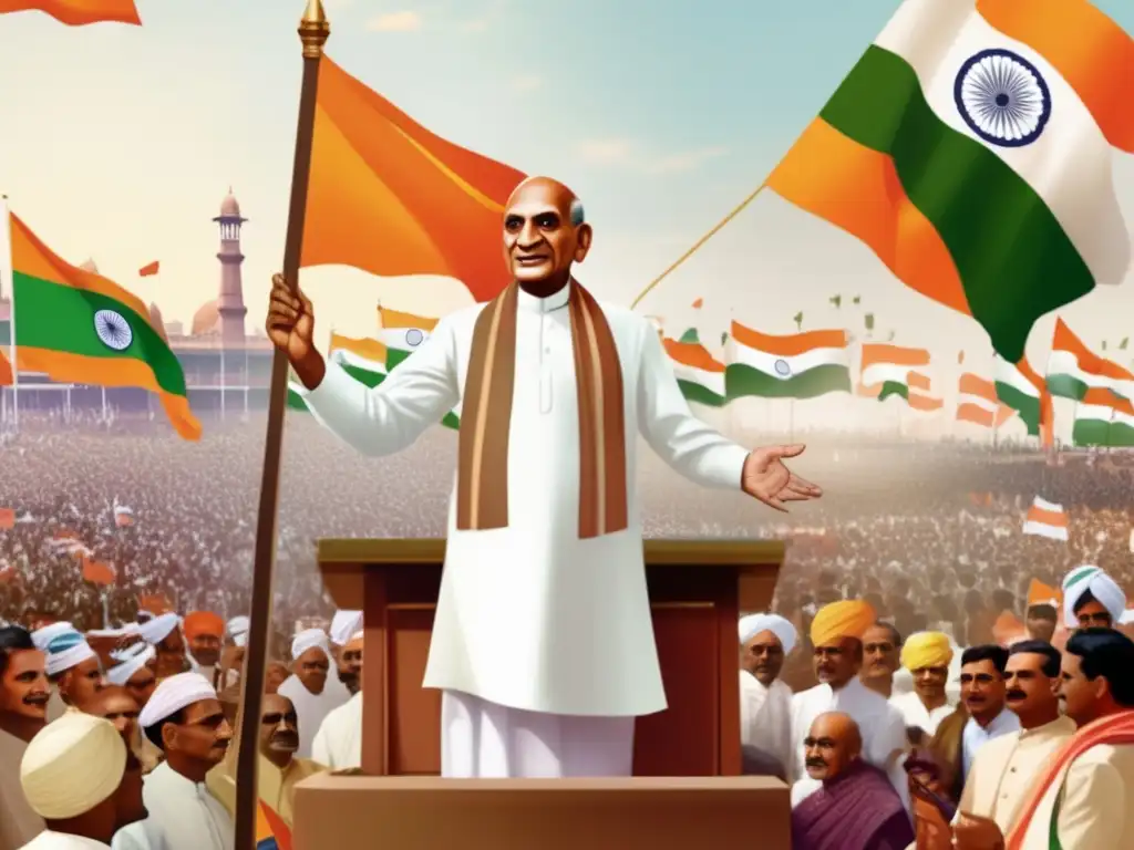 Sardar Patel se dirige a una multitud diversa en un mitin político, simbolizando su estrategia política de unidad en India