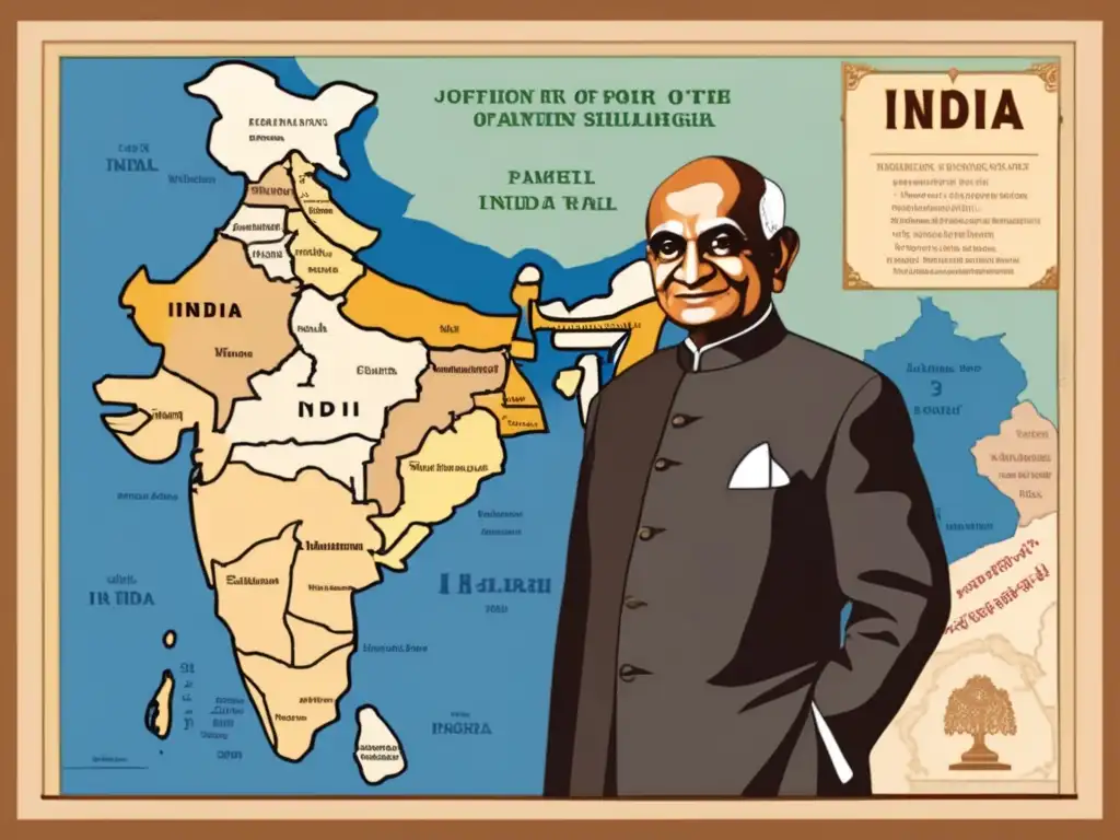 Vallabhbhai Patel, vestido con atuendo tradicional, frente al mapa de la India con los principados fusionándose en la Unión India