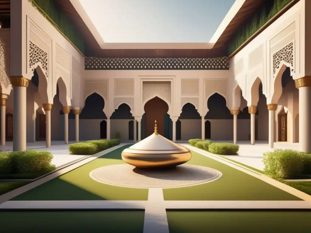 Un patio de mezquita moderna con patrones geométricos, rodeado de vegetación exuberante y flores bajo el cálido sol