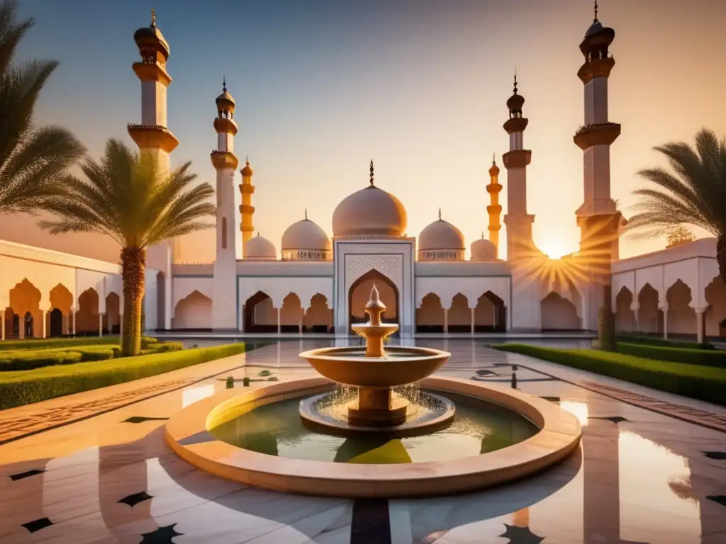 Un patio de mezquita sereno al atardecer con patrones geométricos