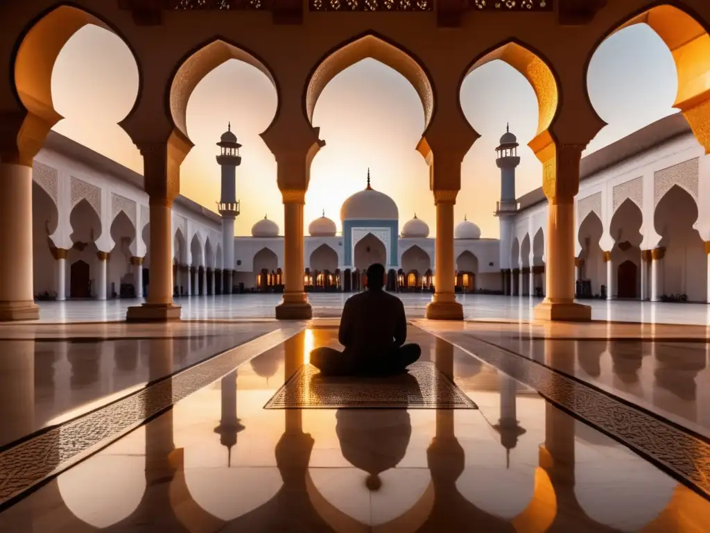 Un patio de mezquita tranquilo al atardecer, bañado en cálida luz dorada con sombras alargadas en el suelo de mármol