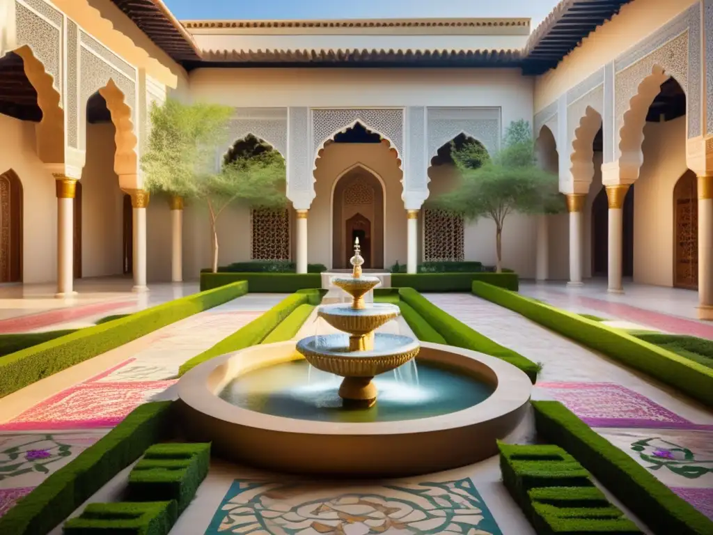 Un patio sereno bañado por el sol, con patrones geométricos islámicos y una fuente tranquila