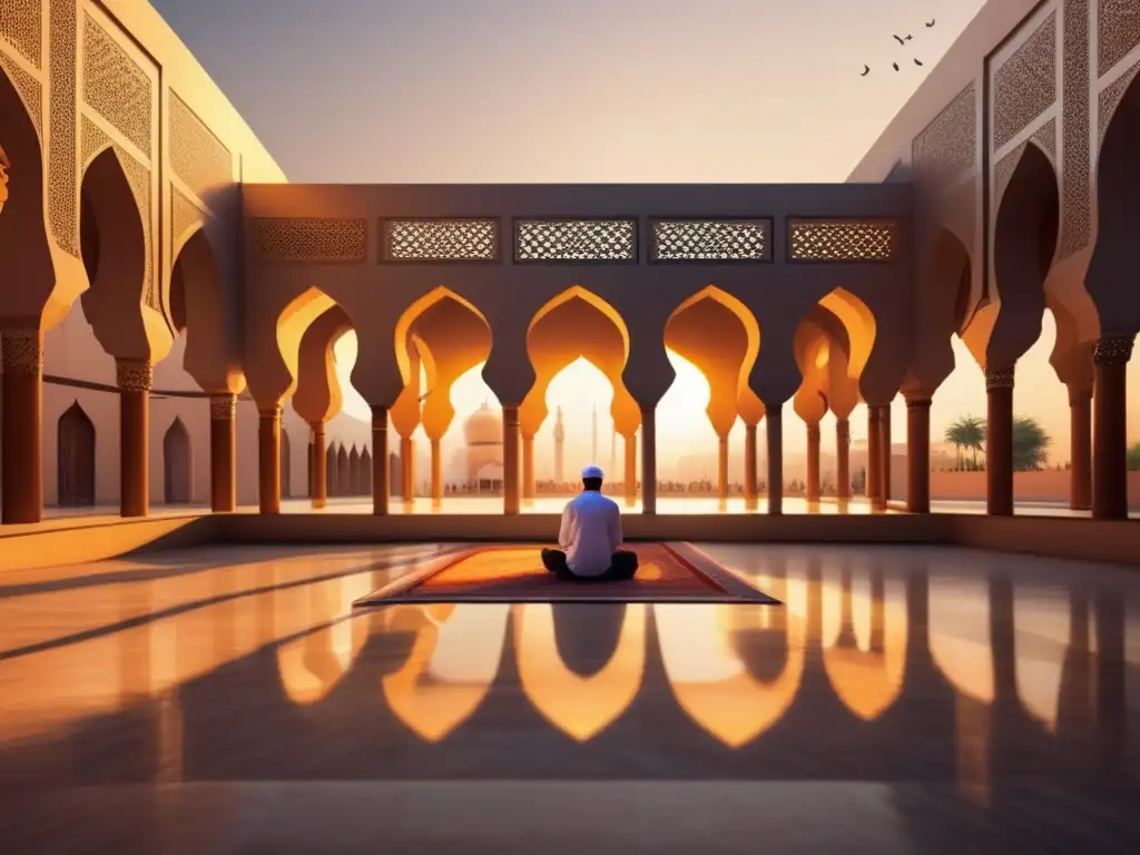 Un patio sereno de mezquita moderna al atardecer, con patrones geométricos intrincados en la arquitectura y luz dorada suave