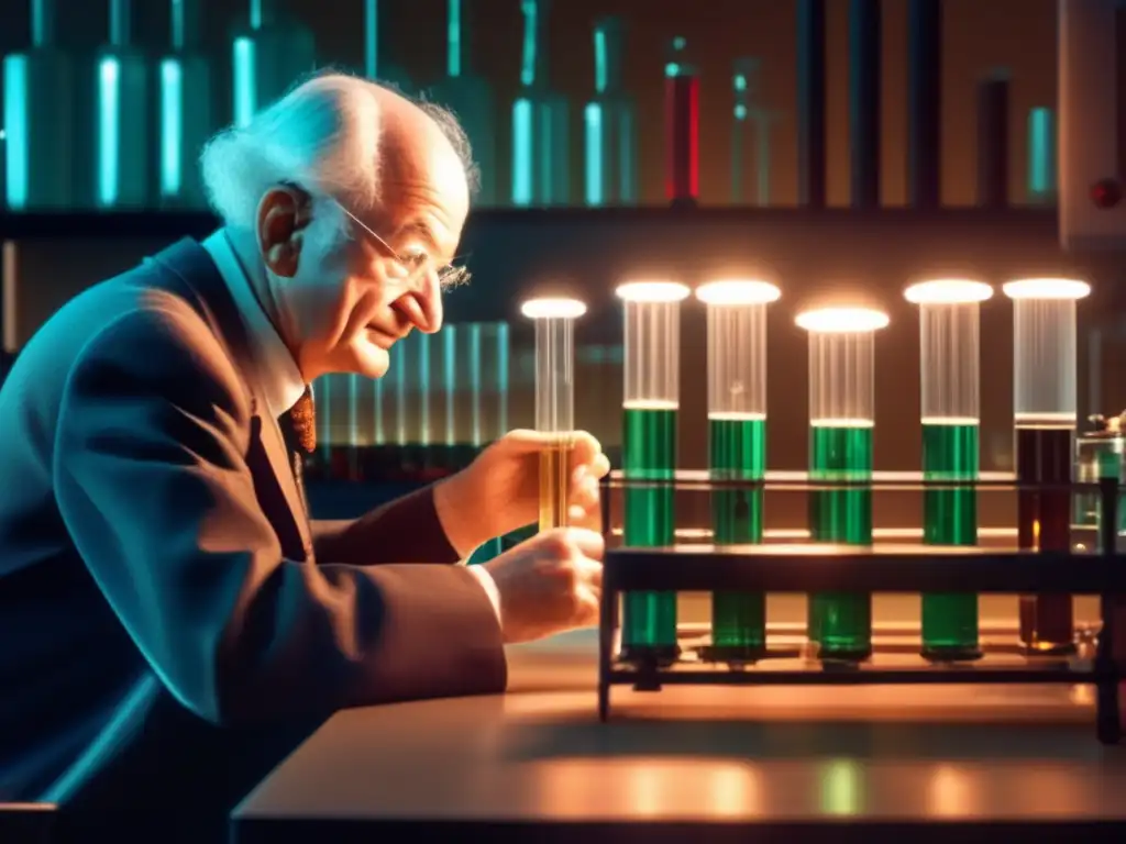 Linus Pauling en su laboratorio, examinando un modelo molecular