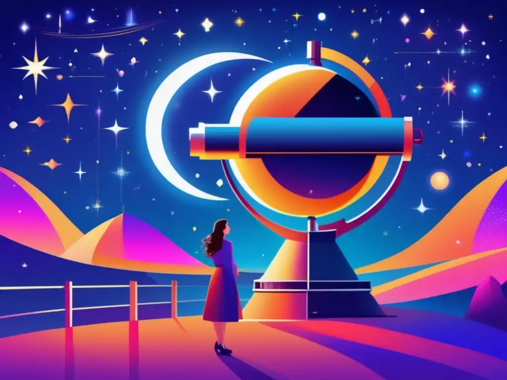 Cecilia PayneGaposchkin se encuentra frente a un telescopio futurista, observando las estrellas con determinación y curiosidad