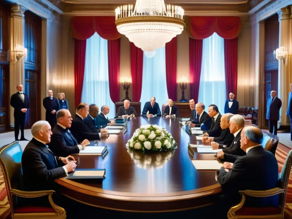Woodrow Wilson firma de la paz en la histórica firma del Tratado de Versalles, rodeado de líderes mundiales y diplomáticos