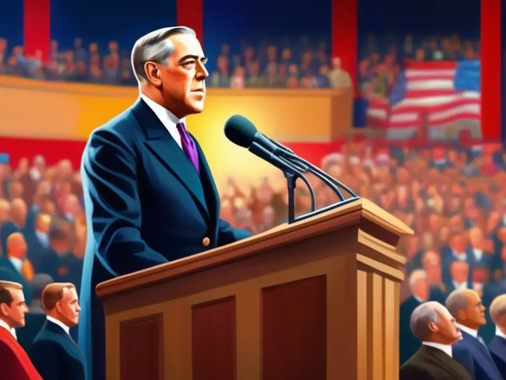 Woodrow Wilson firma de la paz: Pintura digital moderna de Wilson dando un discurso ante una multitud atenta y esperanzada