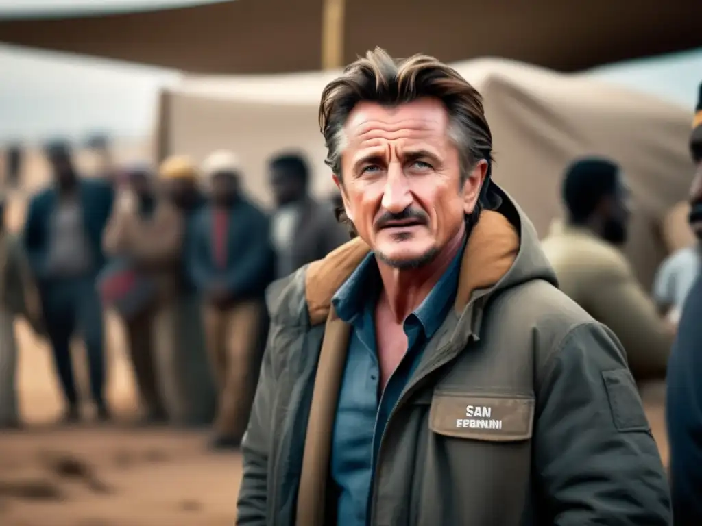 Sean Penn lidera ayuda humanitaria con determinación y compasión, rodeado de voluntarios y beneficiarios