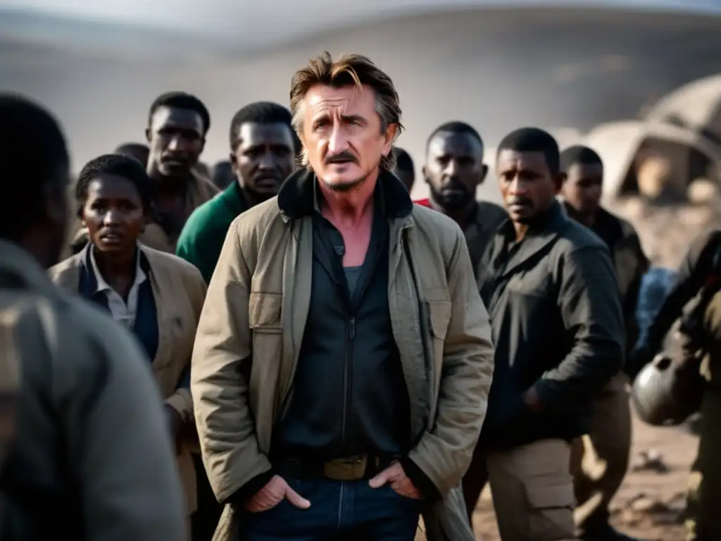 Sean Penn lidera ayuda humanitaria con determinación en zona de conflicto, rodeado de trabajadores
