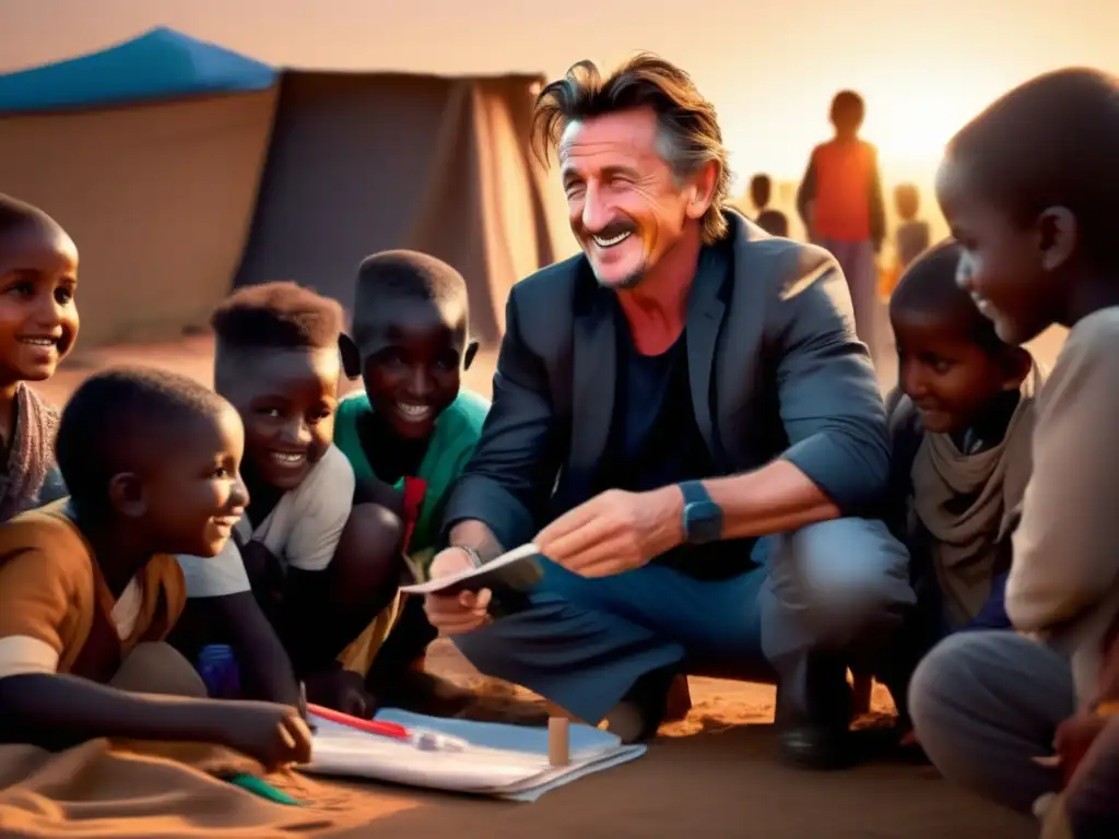 Sean Penn ayuda humanitaria activismo: Compartiendo esperanza y creatividad en un campamento de refugiados al atardecer