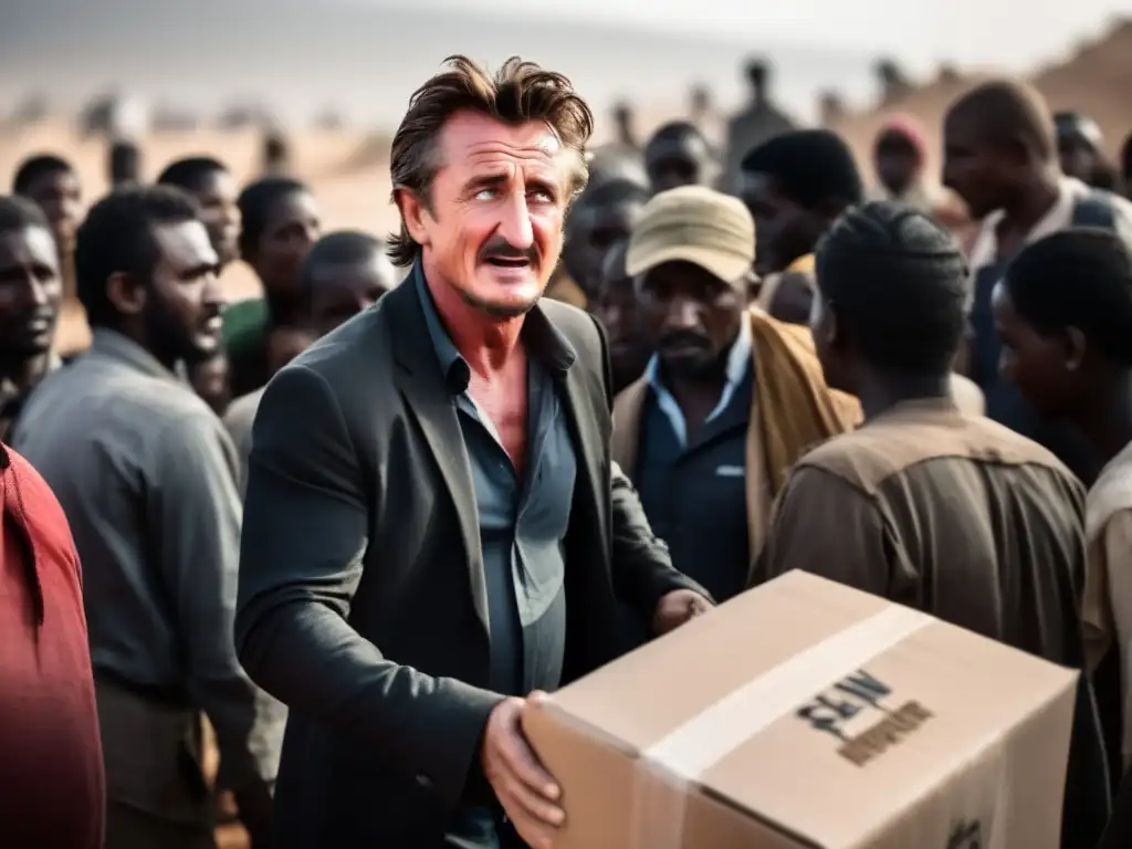 Sean Penn ayuda humanitaria activismo: Imagen impactante de Sean Penn distribuyendo suministros entre refugiados con determinación y esperanza