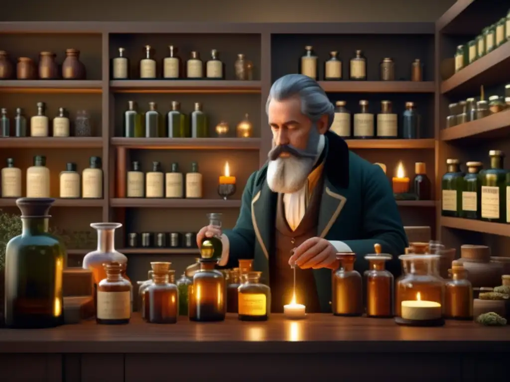 Descubre la misteriosa botica colonial - Imagen en 8k En la penumbra de una antigua botica colonial, un médico barbado prepara un tinte mientras pacientes curiosos observan