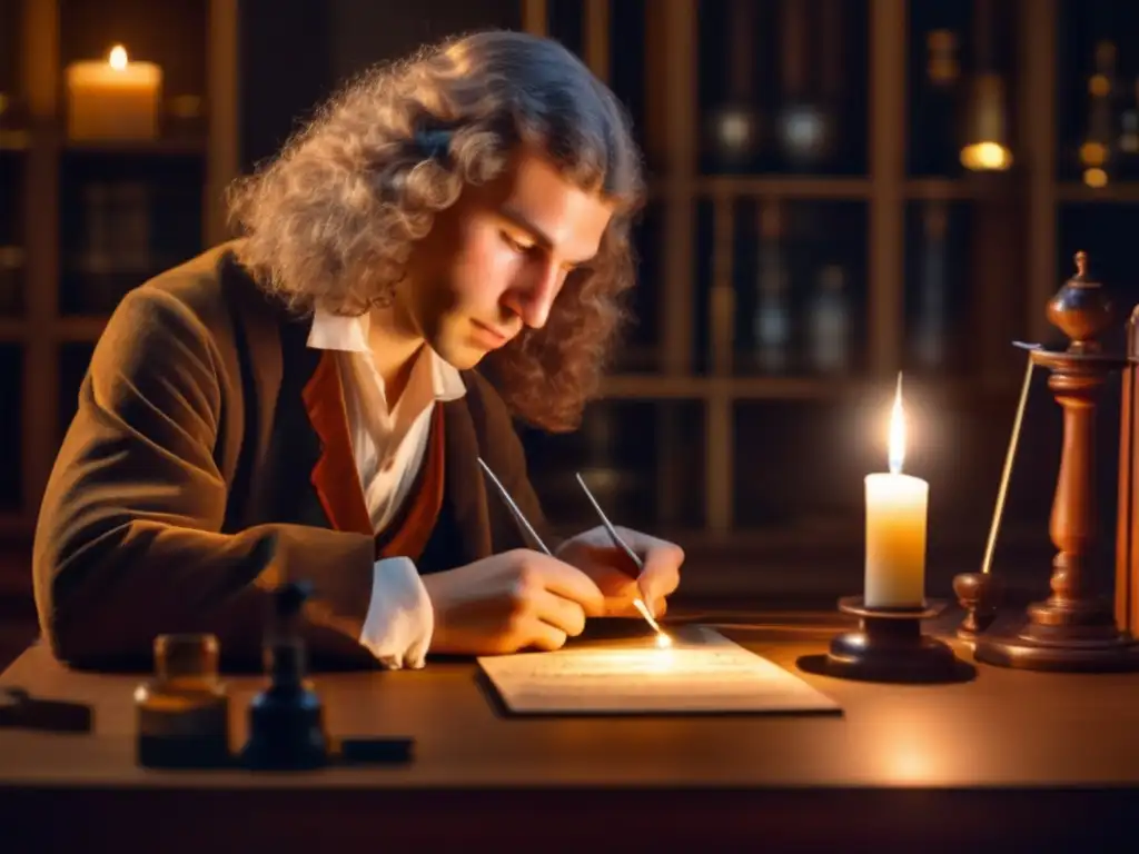 En la penumbra, Antonie van Leeuwenhoek ajusta una lente bajo la tenue luz de una vela