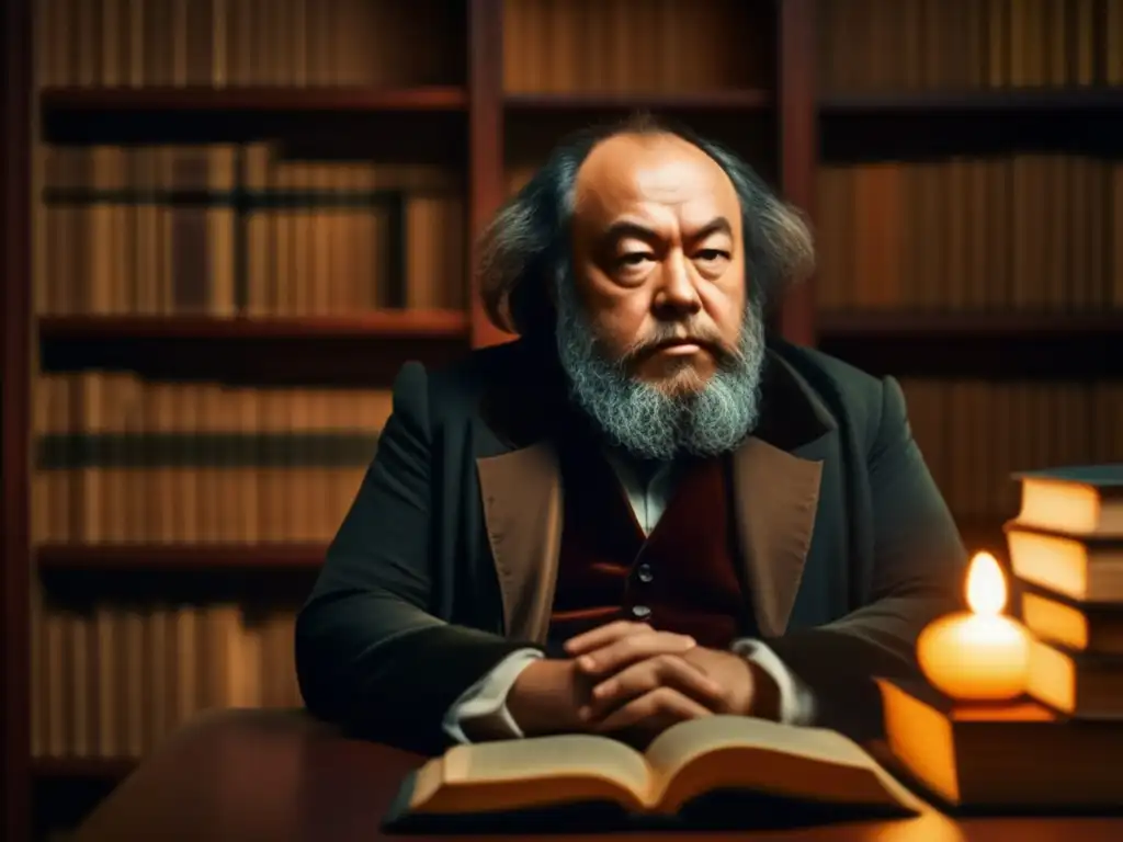 En la penumbra de una biblioteca, Mikhail Bakunin reflexiona, rodeado de libros antiguos