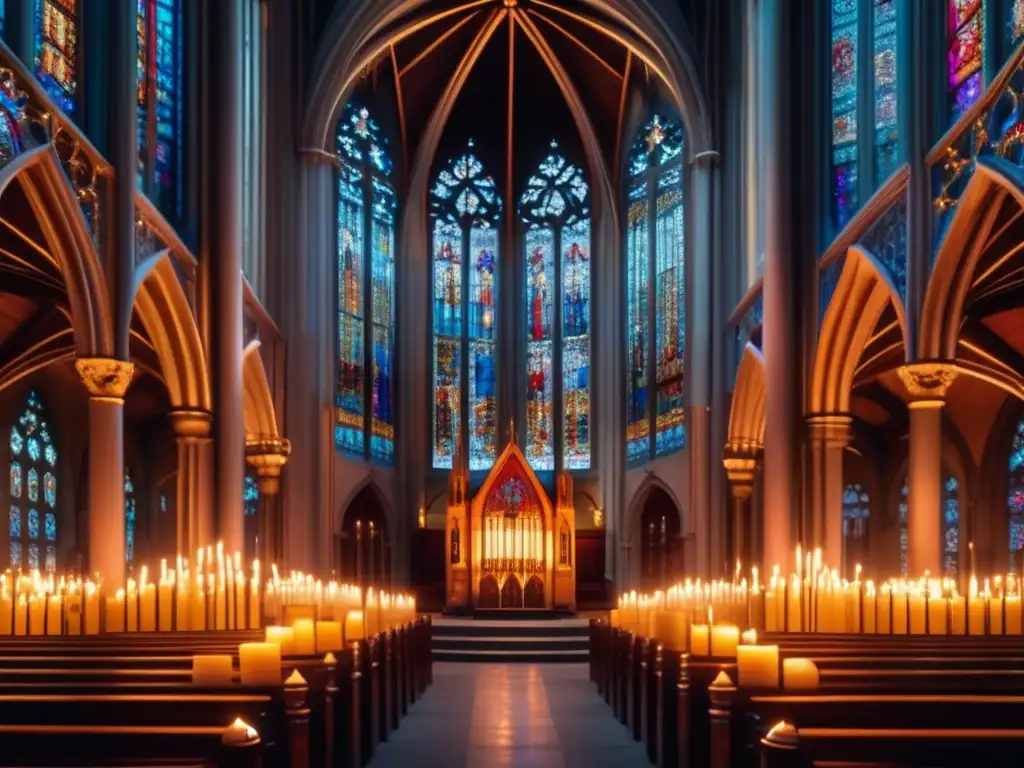 En la penumbra de una catedral iluminada por velas, se aprecia la belleza sacra y la atmósfera espiritual