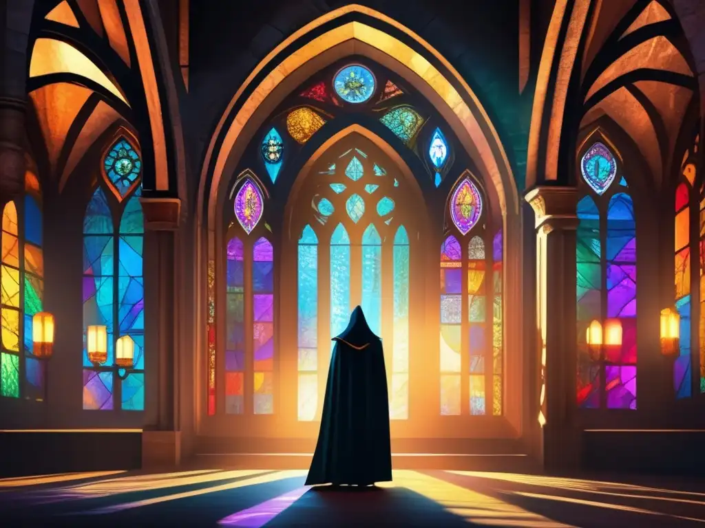 En la penumbra de la catedral, un misterioso personaje se alza, envuelto en un manto