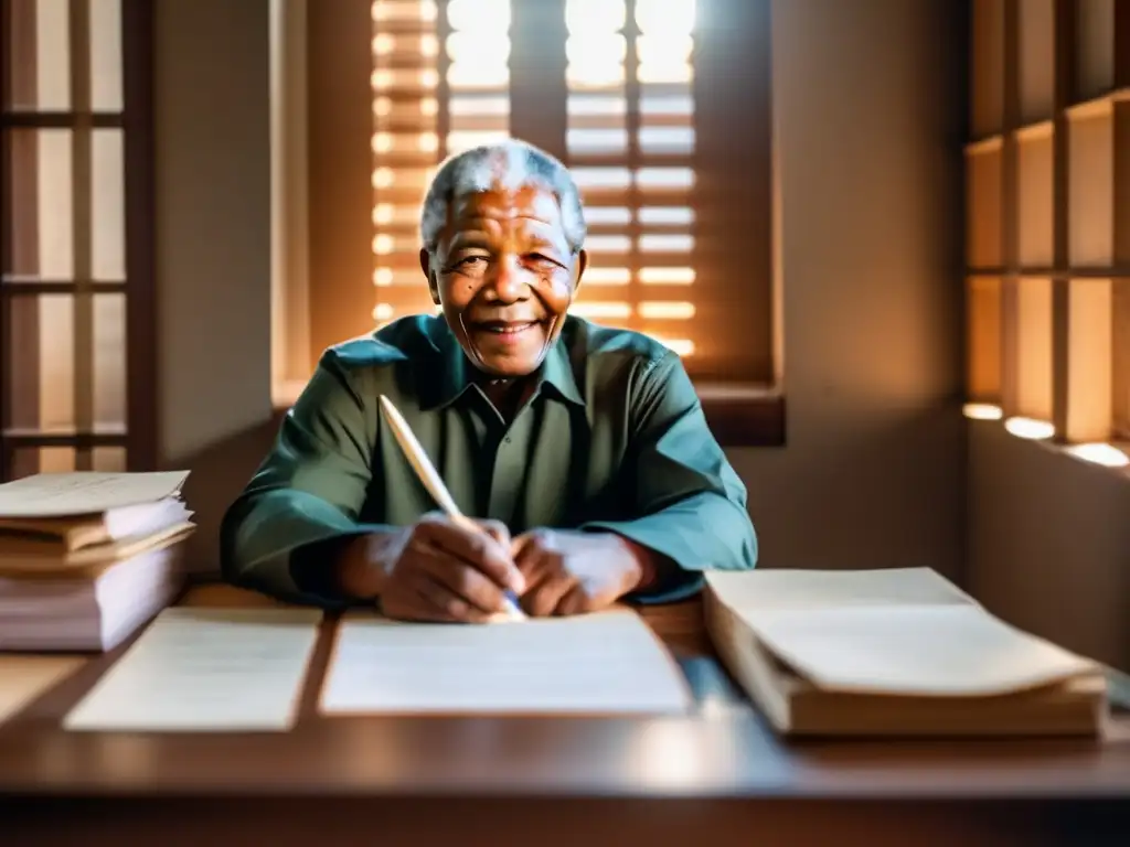 En la penumbra de su celda, Nelson Mandela escribe con determinación, rodeado de cartas y mensajes de esperanza