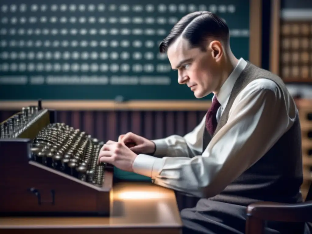 En la penumbra de Bletchley Park, Alan Turing se concentra en descifrar el Enigma, rodeado de documentos y ecuaciones