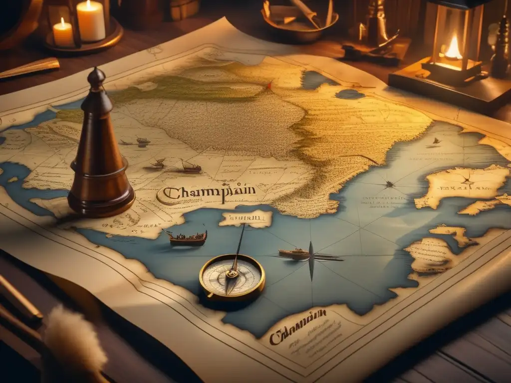 En la penumbra, Samuel de Champlain traza con esmero un mapa de Nueva Francia con pluma y tinta