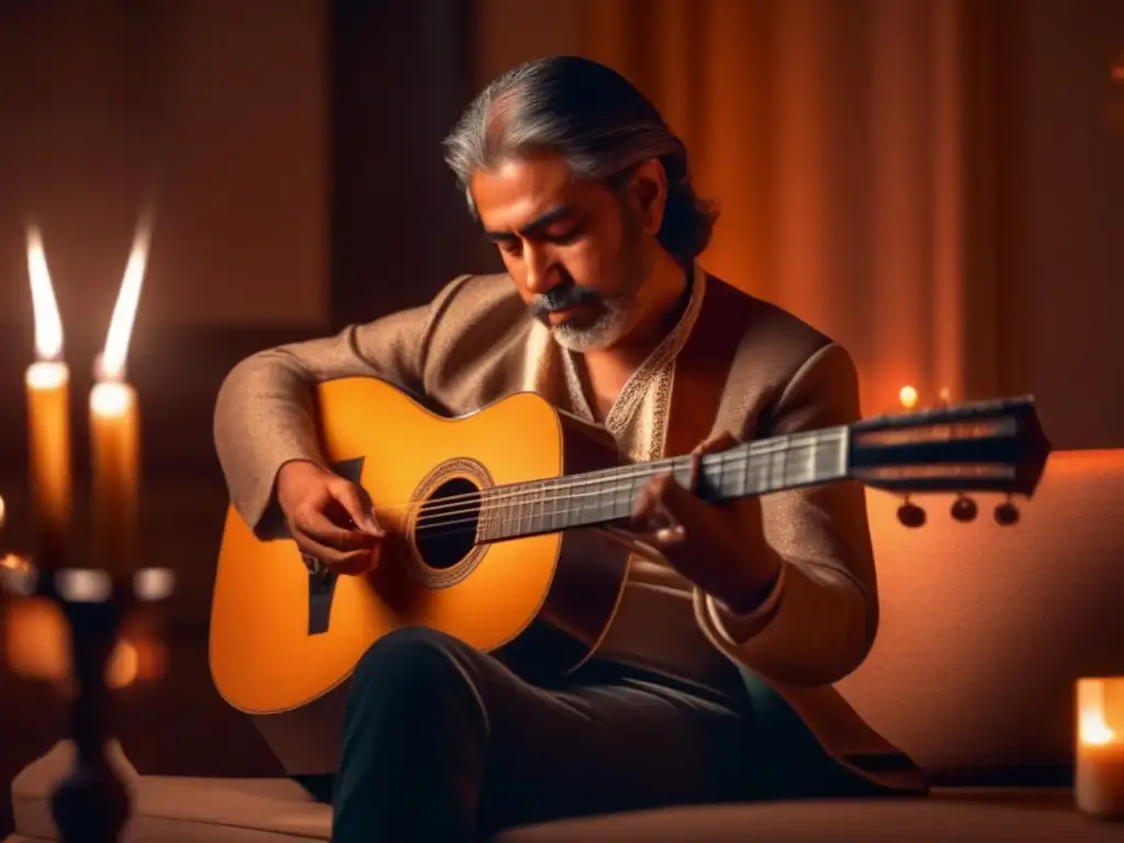 En la penumbra, Francisco Tárrega toca apasionadamente la guitarra española rodeado de velas