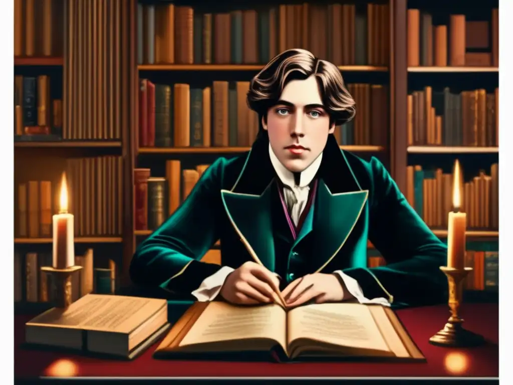 En la penumbra de su estudio, Oscar Wilde concentra su genialidad en su biografía, rodeado de libros