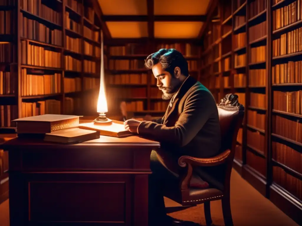 En la penumbra de su estudio, el joven Julio Verne escribe con pasión rodeado de libros