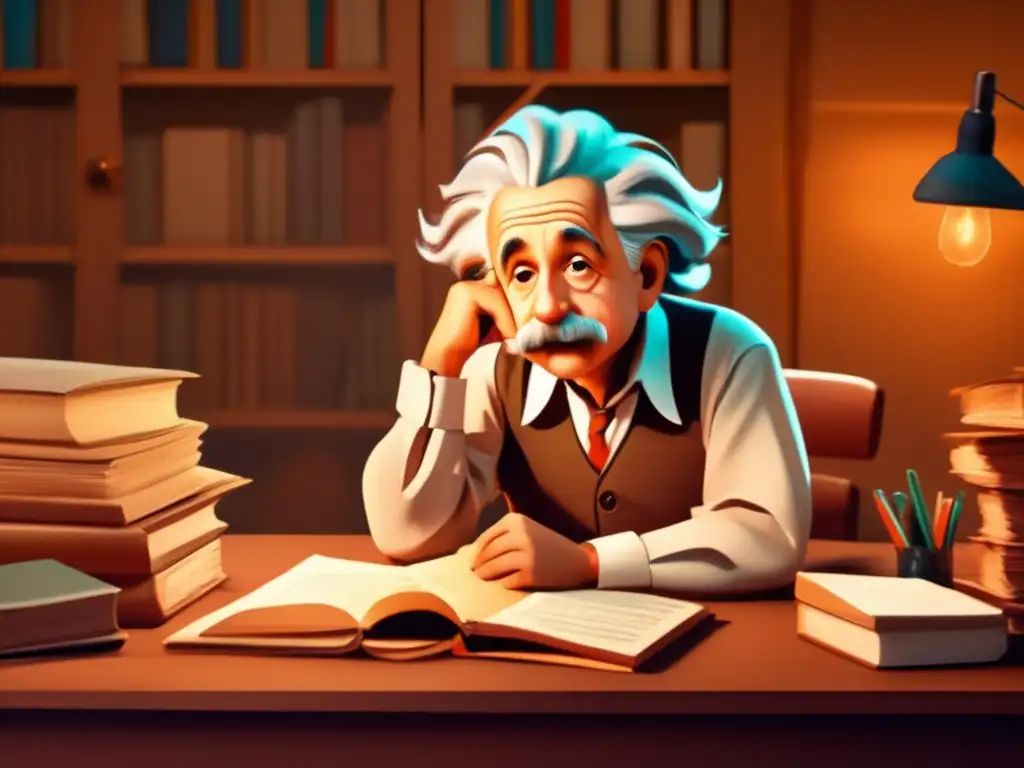 En la penumbra de su estudio, el joven Albert Einstein se sumerge en su legado científico, entre libros y notas