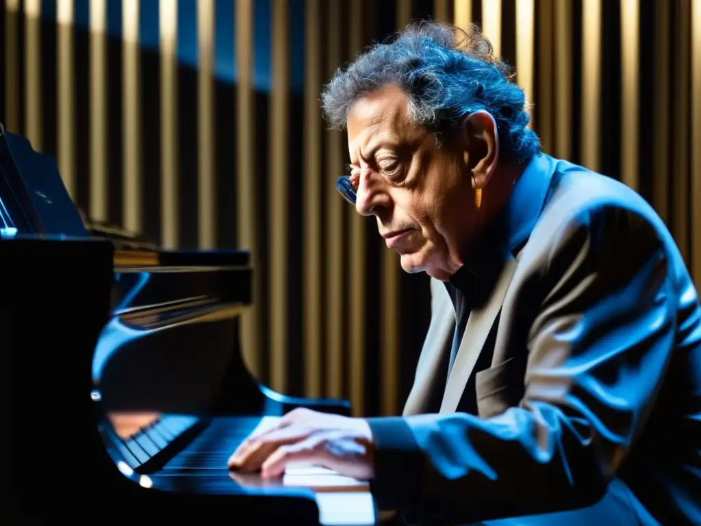 En la penumbra de su estudio, Philip Glass compone música minimalista