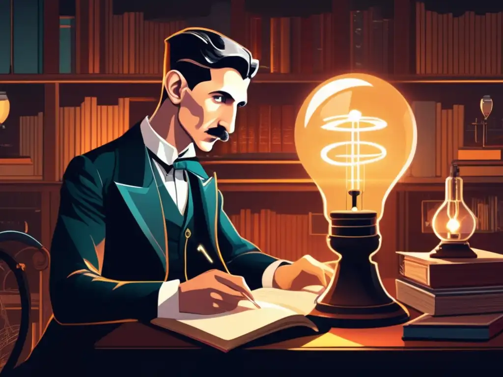 En la penumbra de un estudio ornamentado, un joven Nikola Tesla se sumerge en libros y experimentos, rodeado de diagramas y equipos eléctricos