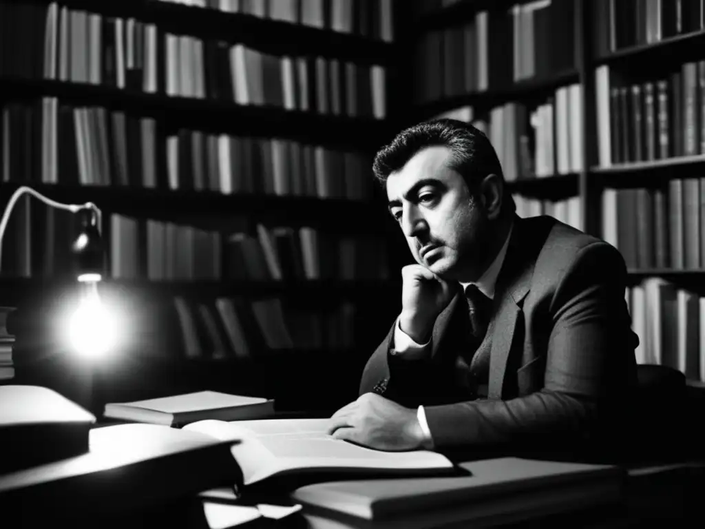 En la penumbra de su estudio, Merab Mamardashvili reflexiona rodeado de libros, proyectando una intensa y enigmática expresión