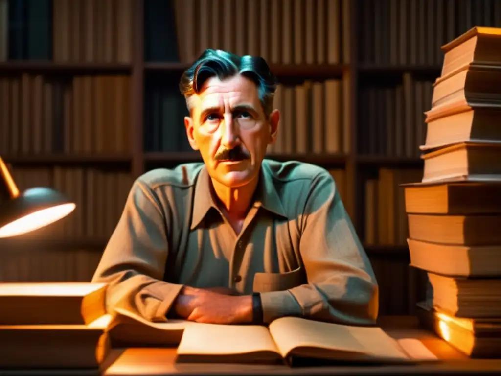 En la penumbra de un estudio, George Orwell reflexiona rodeado de libros y papeles